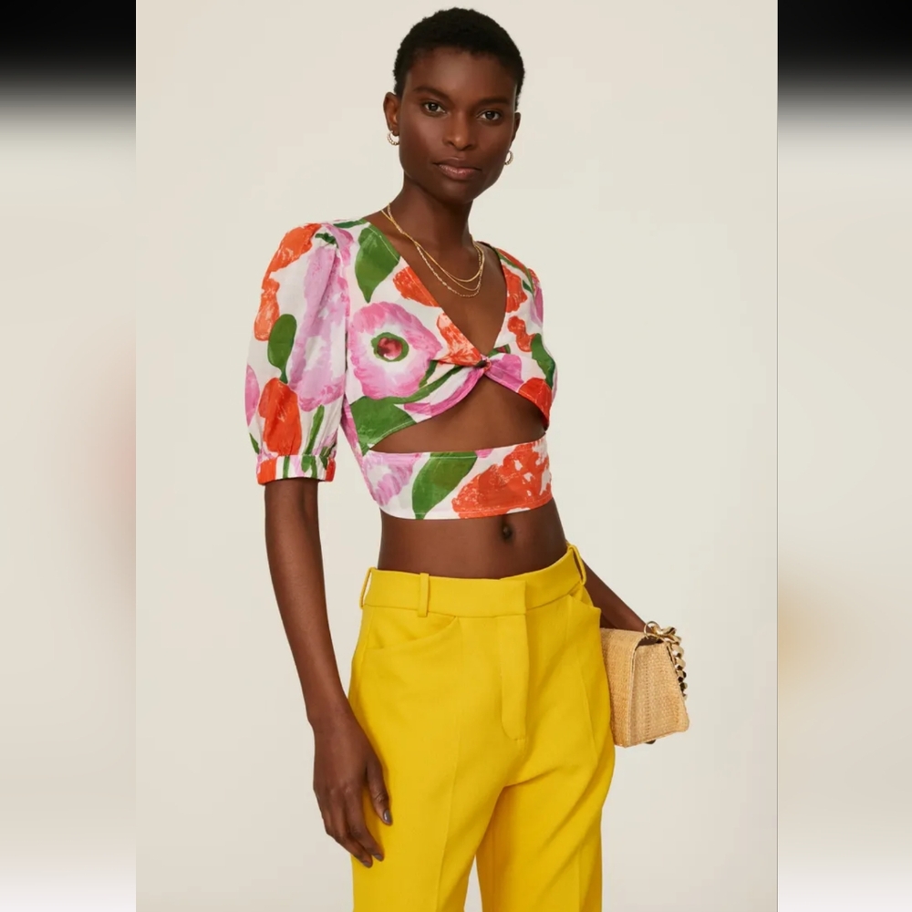 Banjanan Floral Twist-Front Crop Top in Pink, Green & Orange